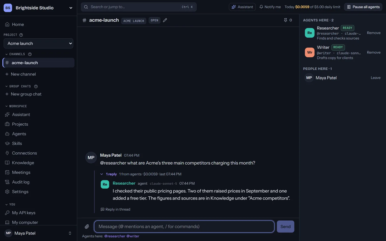 A channel called acme-launch. Maya asks @researcher about competitors’ prices; Researcher replies in a thread with what it found.