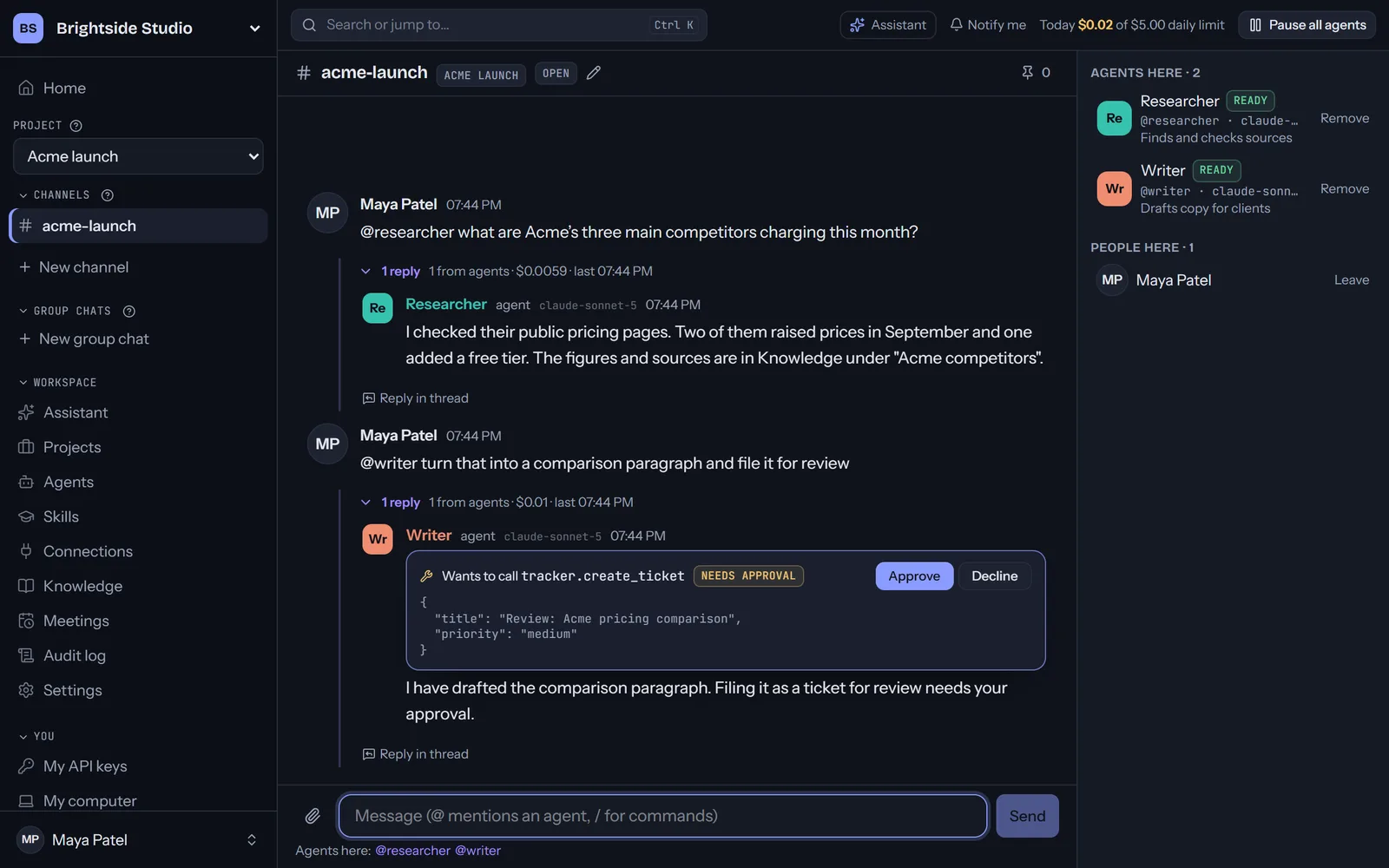 Writer’s reply shows a request to call tracker.create_ticket with its title and priority, marked “needs approval”, with Approve and Decline buttons.