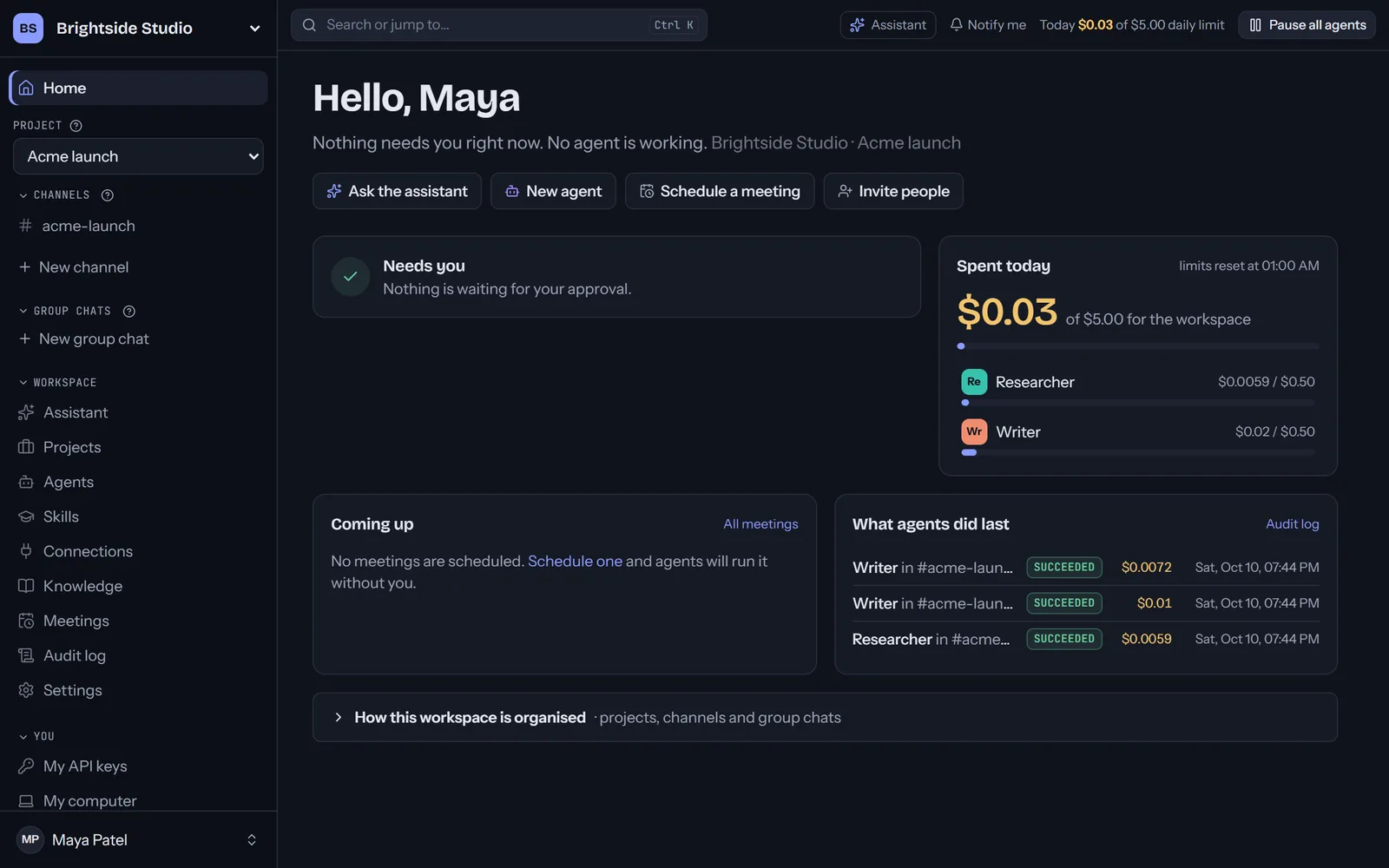 The Home page: nothing waiting for approval, $0.03 spent today of $5.00, with a bar per agent against its $0.50 limit, and the latest agent runs.